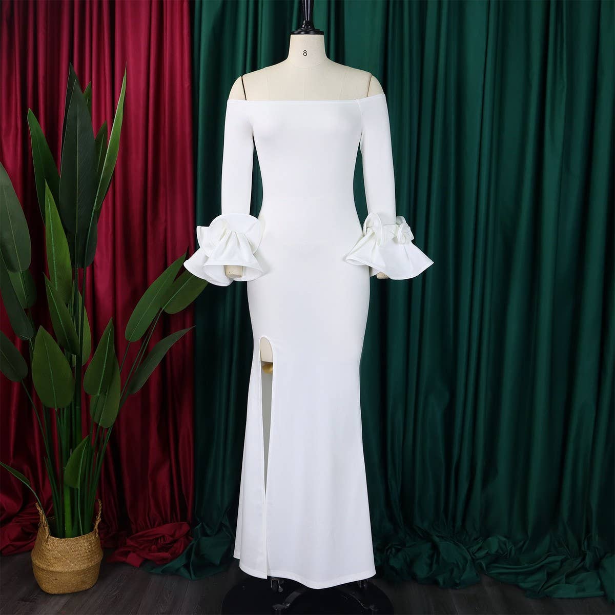 ONESHOULDER RUFFLE SLEEVE SLIMFIT DRESS WITH TRAIN_CWDMD3679