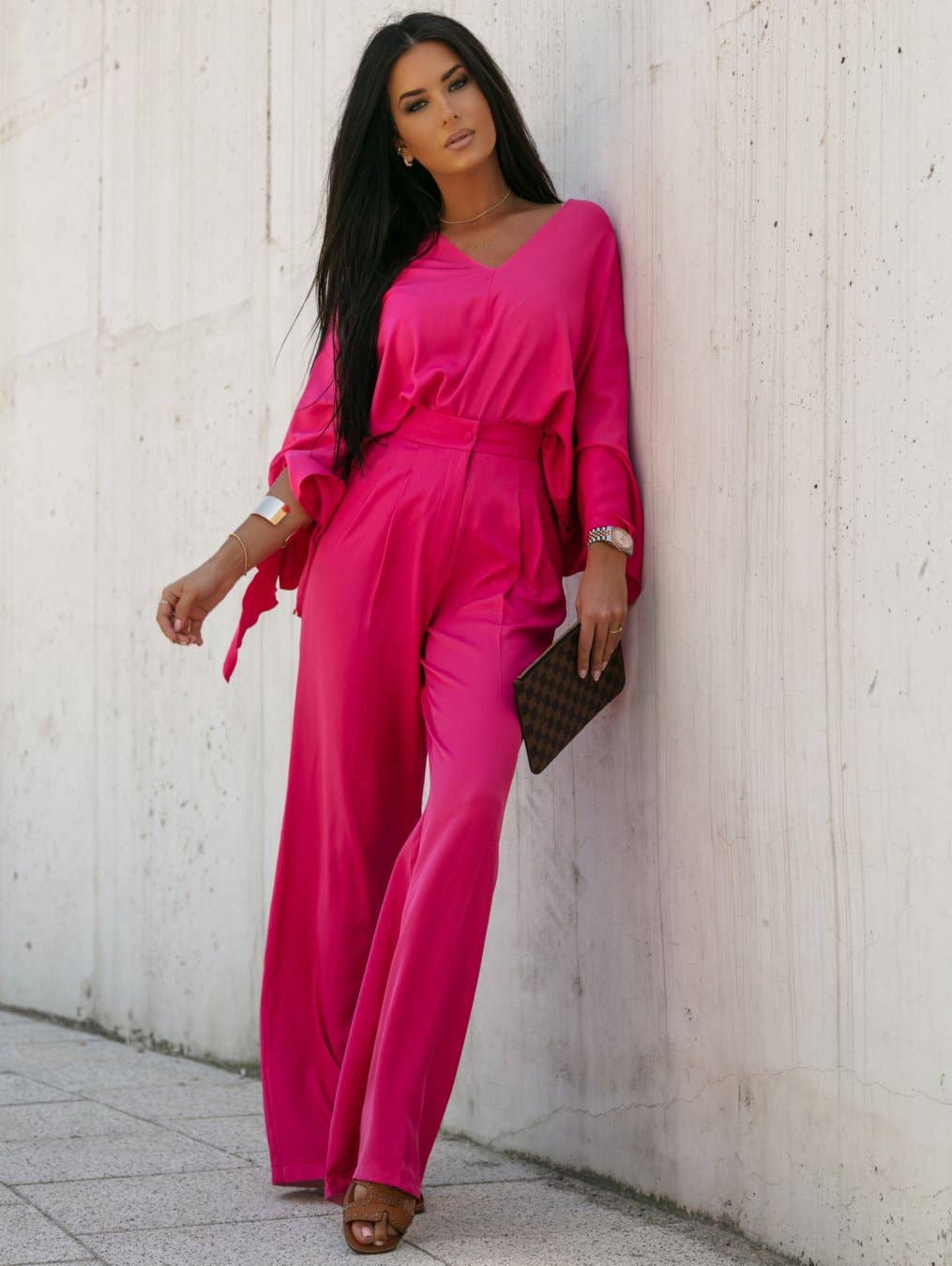 Solid-color fashionable V-neck tie pants set