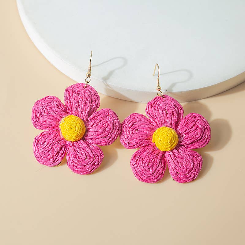 Woven raffia grass exaggerated flower earrings