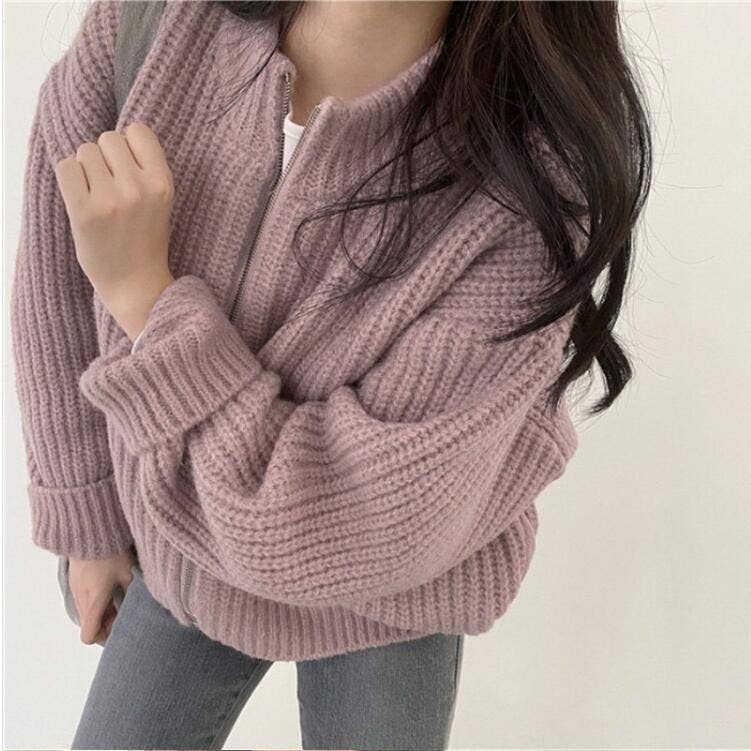Solid-color zipper thick knitted cardigan