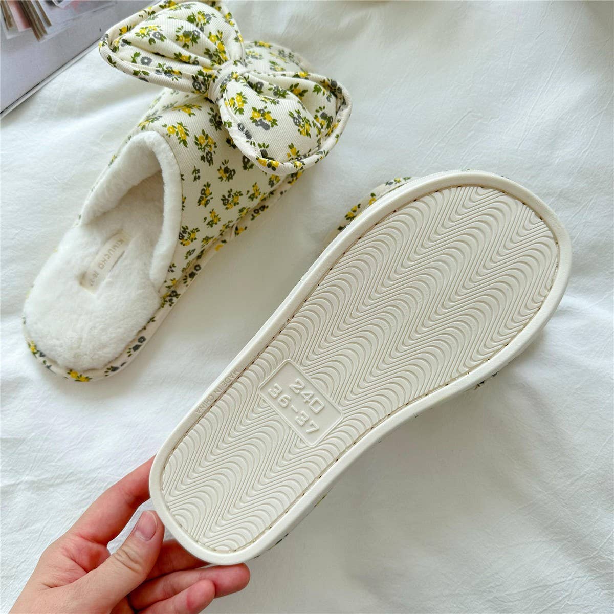 WOMEN'S BOWKNOT FLORAL PLUSH HOME SLIPPERS