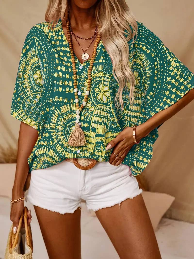 V-neck printed resort-style batsleeved top