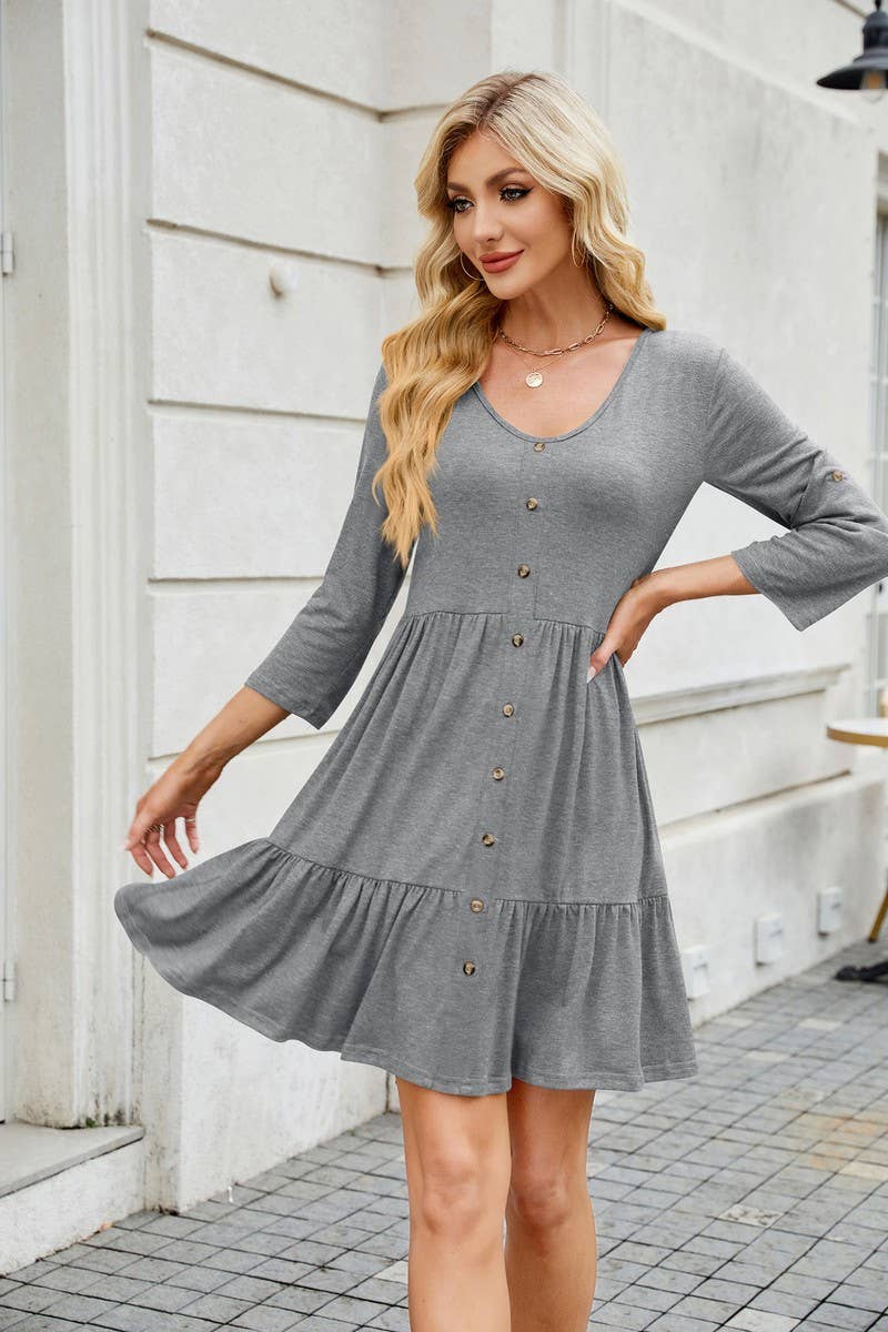 CWDSD7285_ROUND NECK BUTTON GATHERED ELBOW SLEEVE DRESS
