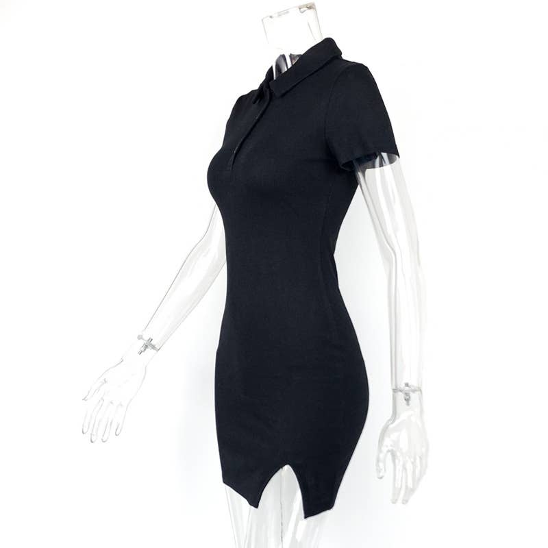 SKINNY LAPEL SEXY SPICE SHORT SLEEVE KNIT DRESS
