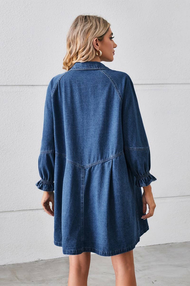 CWDSD10891_WASHED LONG-SLEEVED PANELED DENIM DRESS