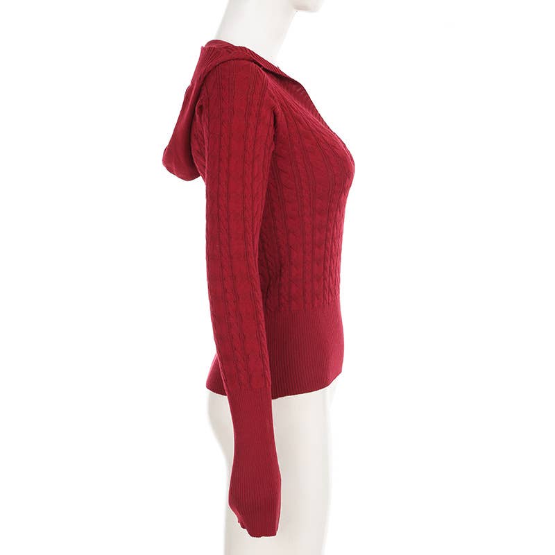 Solid-color deep V-neck hooded knitted sweater