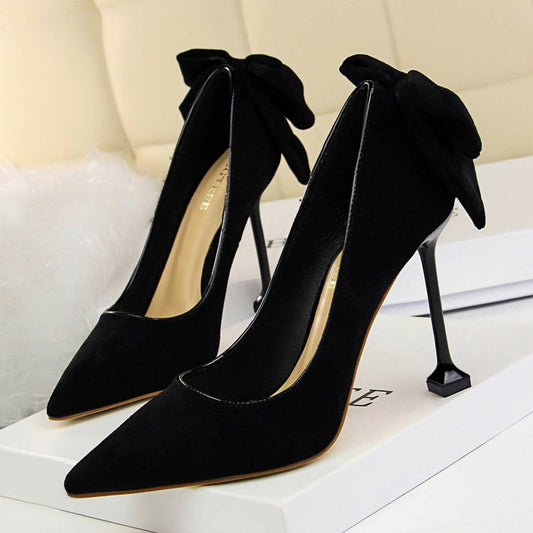 WOMEN SUEDE SHALLOW POINTED TOE BOW HIGH HEELS