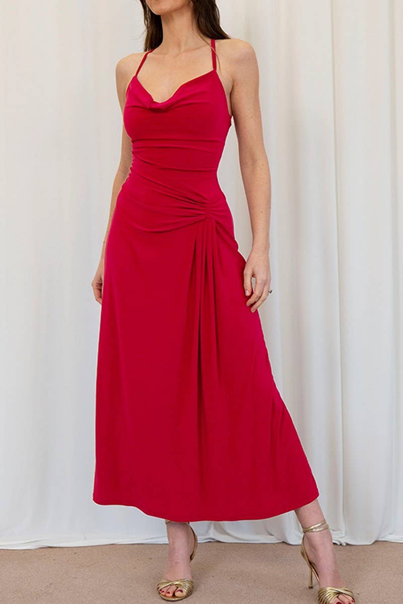 CWDHL0792_SOLID COWL NECK TIE?BACK BODYCON EVENING GOWN