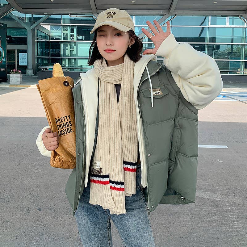 Fake two pieces loose contrast color padded coat