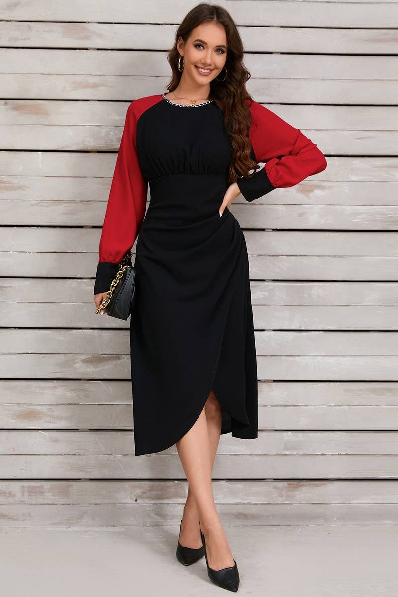 CWDSD6459_CONTRAST COLOR IRREGULAR METAL NECKLACE DRESS