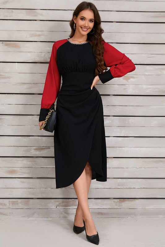 CWDSD6459_CONTRAST COLOR IRREGULAR METAL NECKLACE DRESS