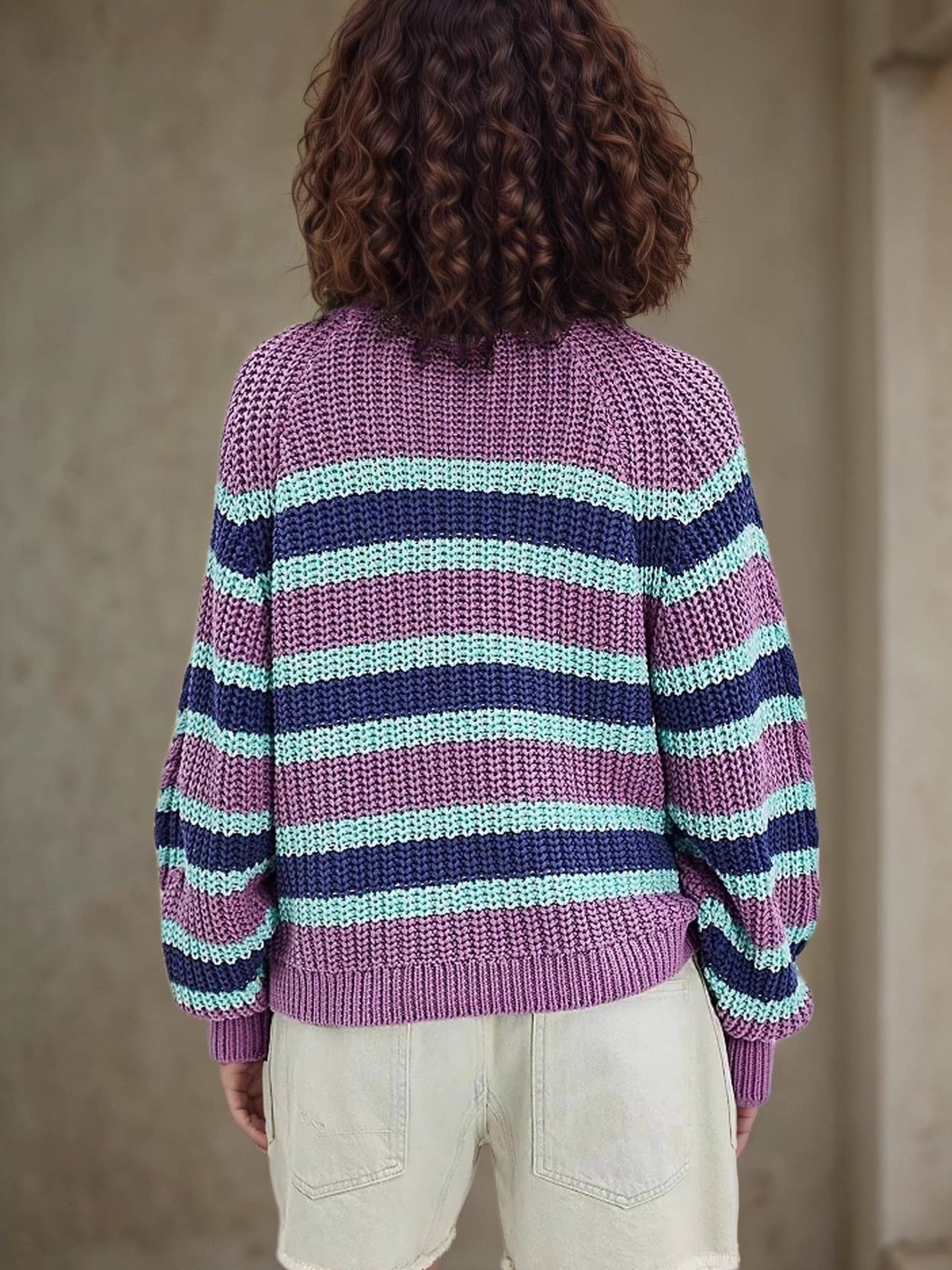 Fashionable striped long-sleeved knitted sweater