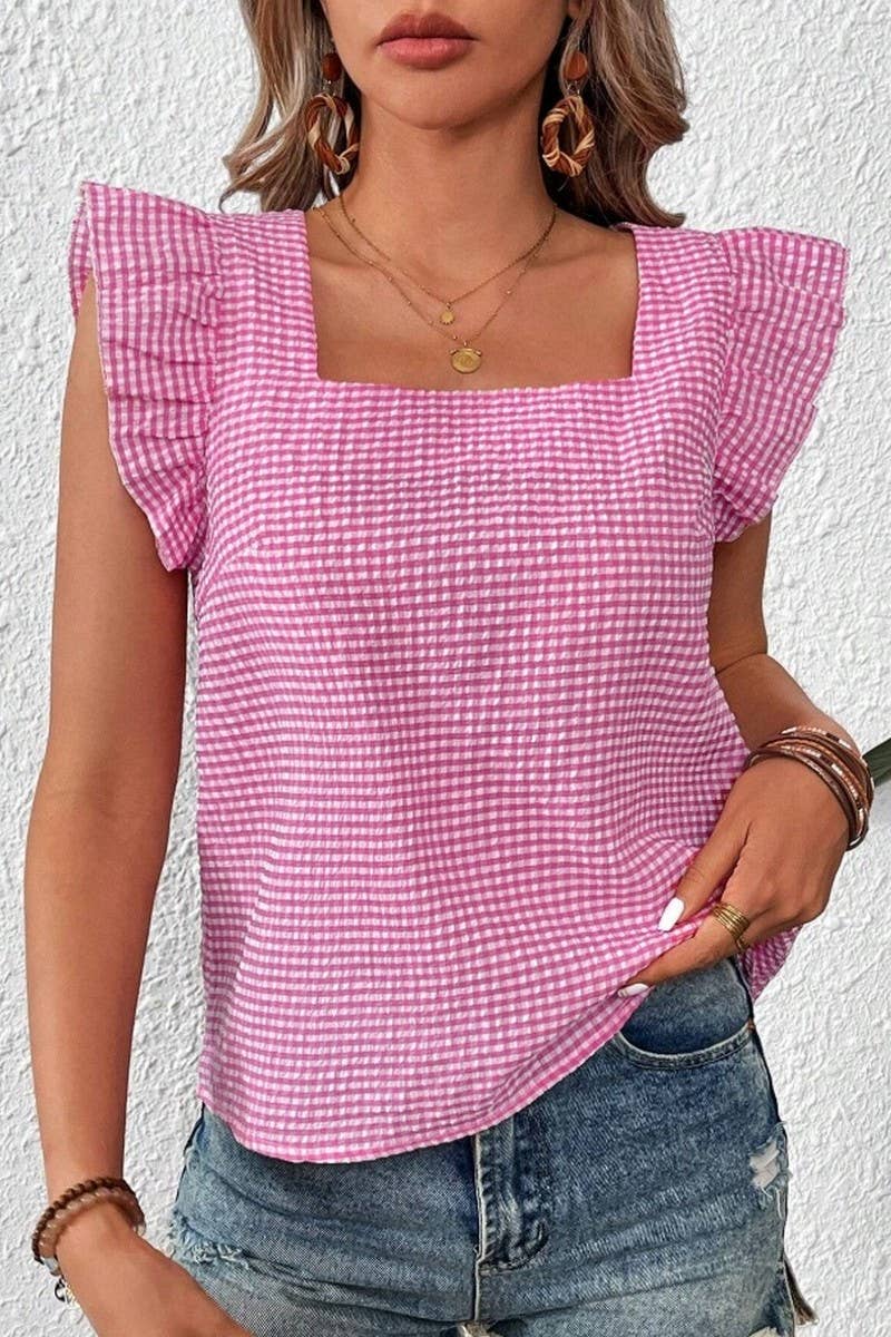 Cwtblsl0969_Plaid Ruffle Square Neck Blouse Top