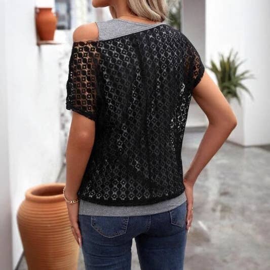 Lace crew neck T-shirt short sleeve two knitwear