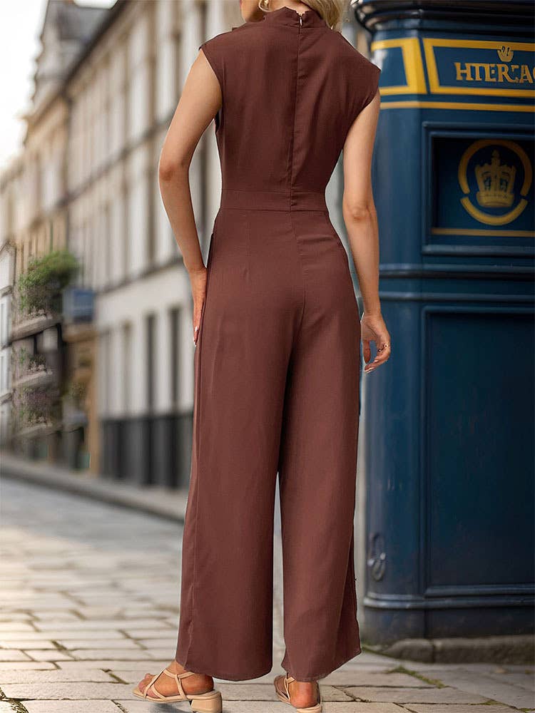 SOLID COLOR SWING NECK JUMPSUIT WITH SLEEVES