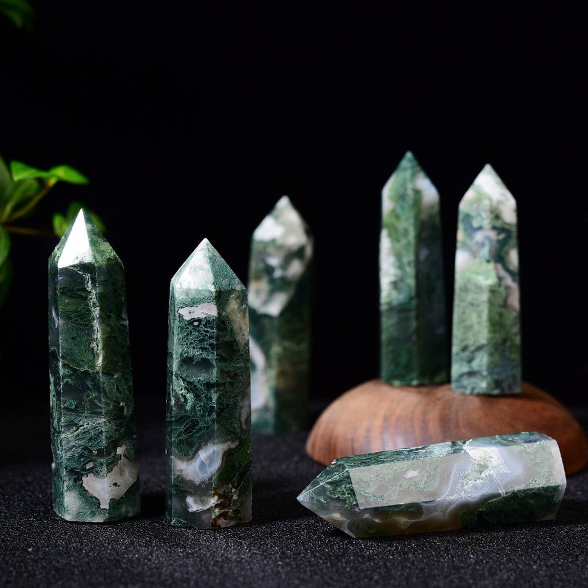 Natural Moss Agate Pointed Crystal Tower