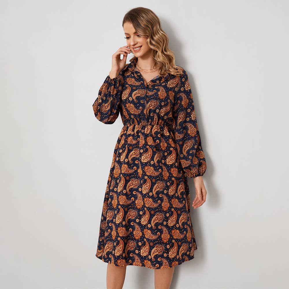 PRINTED A-LINE LONG SLEEVE FLORAL SHIRT DRESS