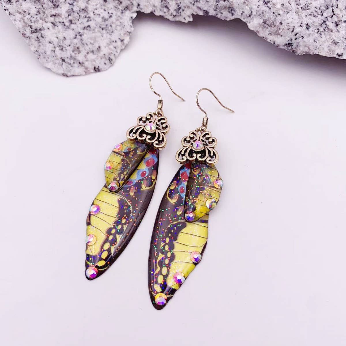 Elegant long earrings with cicada wing wings