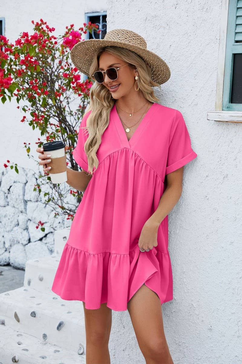 V NECK SOLID COLOR SHORT SLEEVE PLEATED DRESS_CWDSD2696