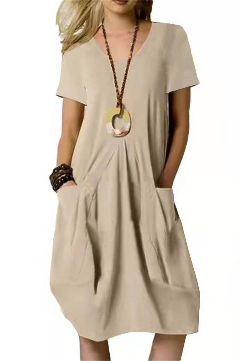 CWDSD10633_WOMEN'S LOOSE ROUND NECK SHORT SLEEVE DRESS