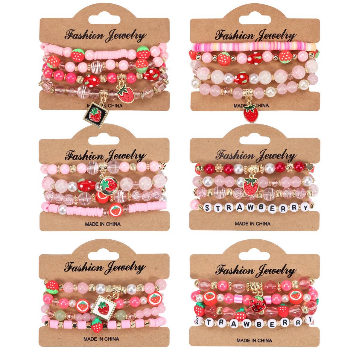 CWMM10452_CUTE STRAWBERRY FRUIT CHARM BEADED BRACELET SET