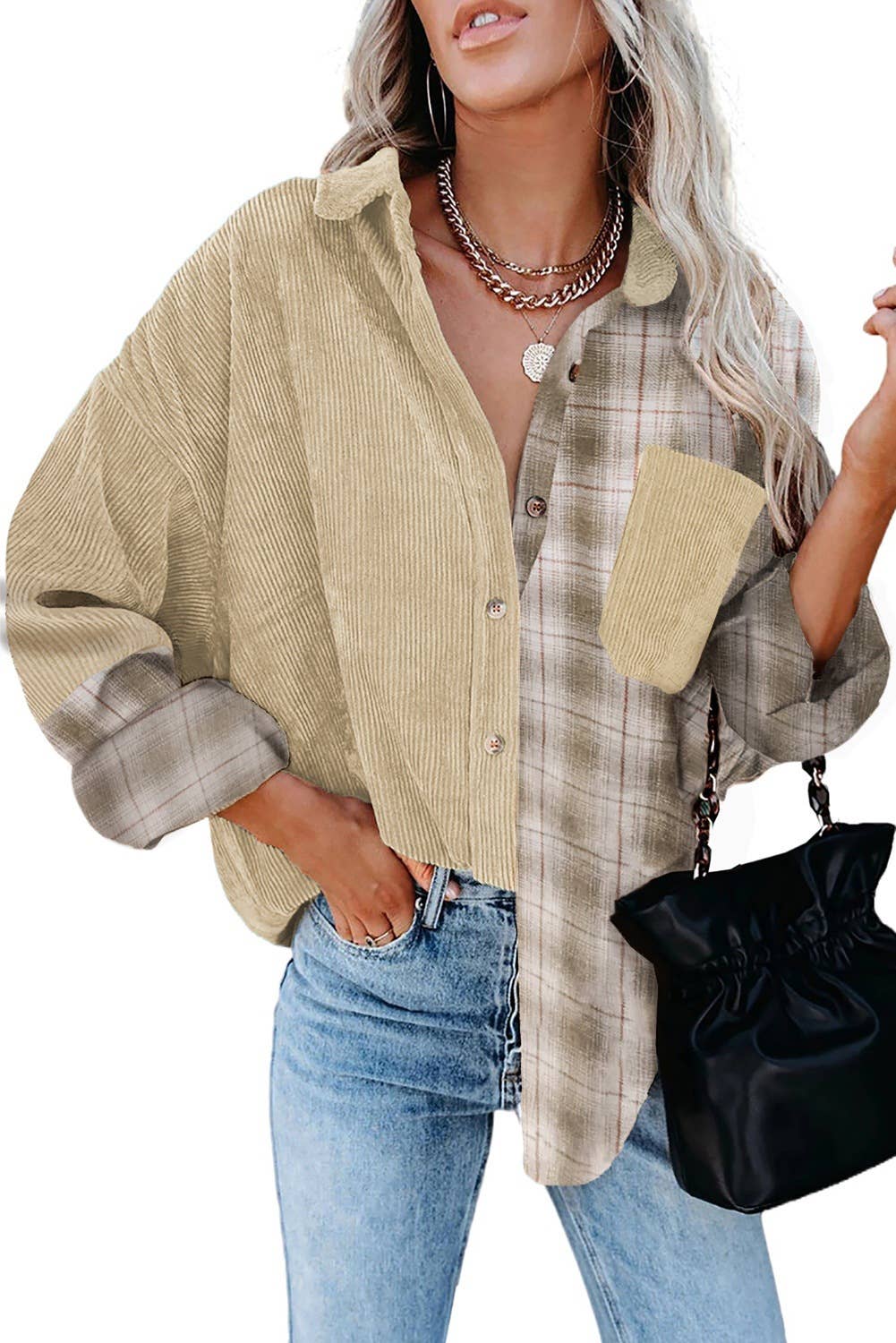 SINGLE BREASTED PLAID CORDUROY LONG SLEEVE SHIRT