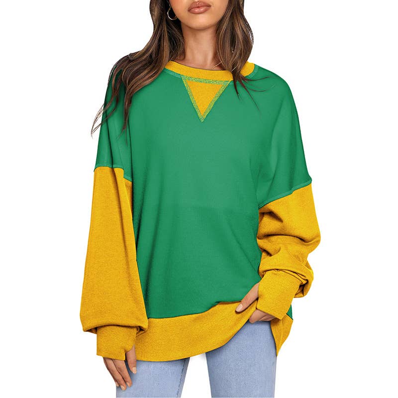 Two-tone round-neck loose pullover hoodie