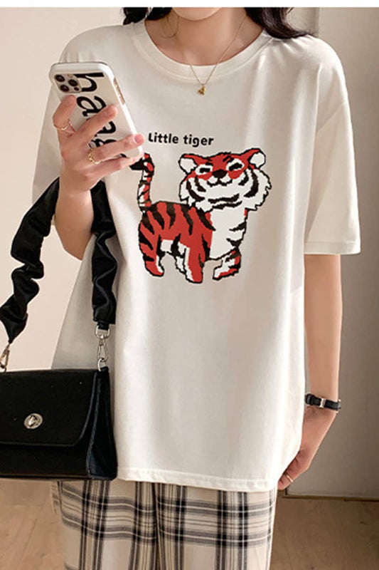 Cwtts0989_Little Tiger Print Casual T-Shirt