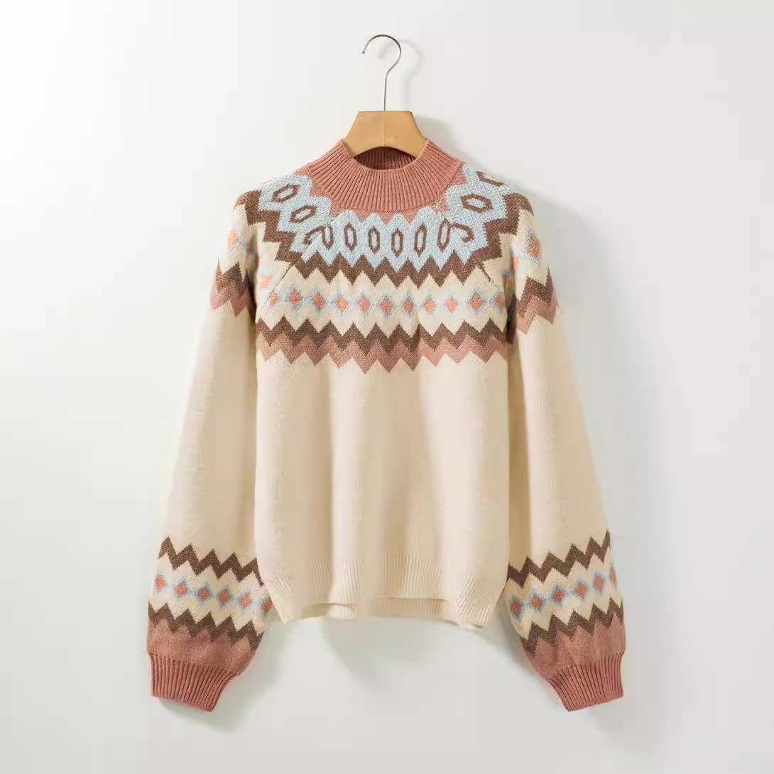 Turtleneck pullover geometric print basic sweater for women