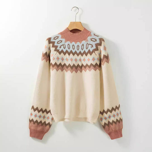 Turtleneck pullover geometric print basic sweater for women