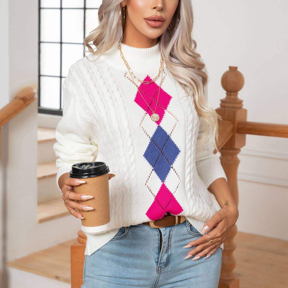 Hollow diamond check long-sleeved knit sweater