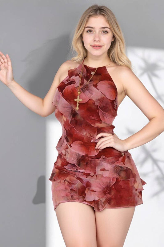 CWDSD10502_HALTER NECK RUFFLE TRIM BODYCON DRESS