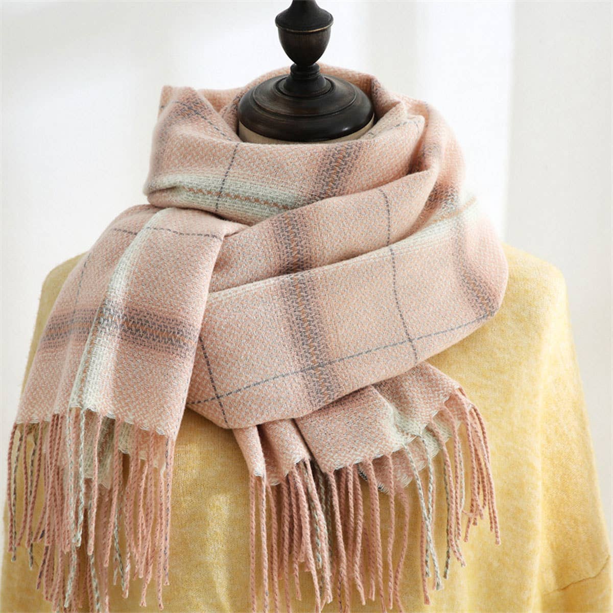 Plaid Faux Cashmere Scarf - Tassel Winter Shawl_CWASC0218