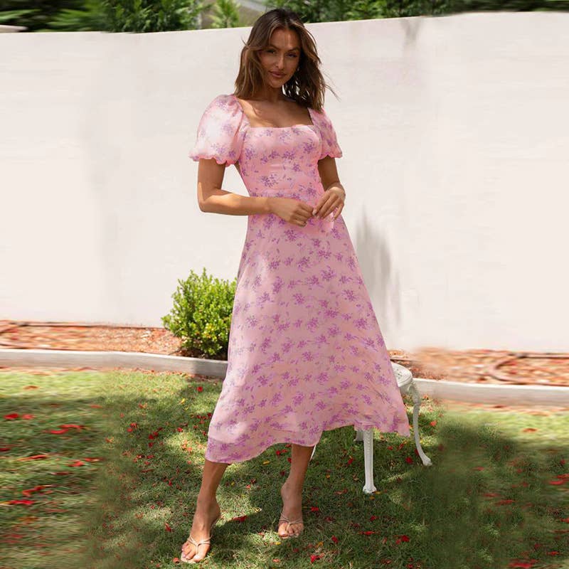 PRINTED LINE NECK DRESS WITH PUFFY SLEEVES