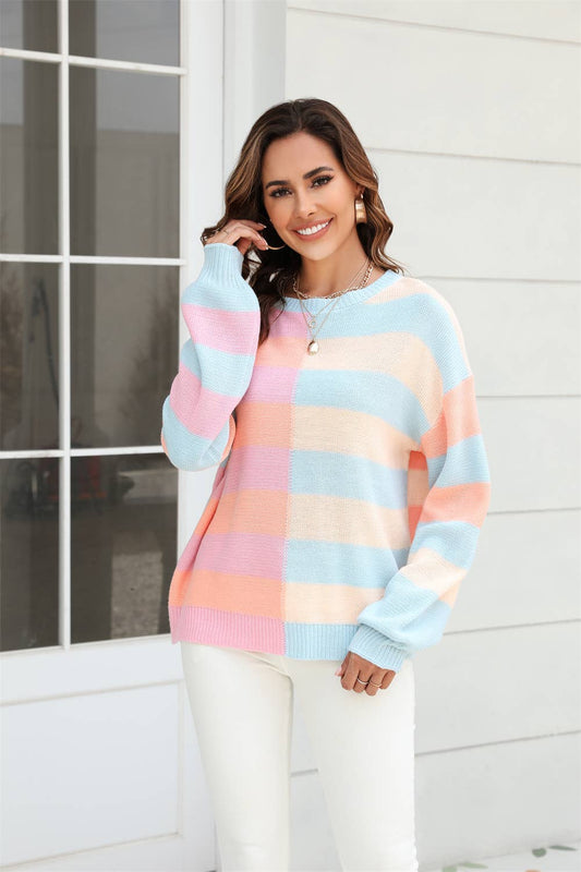 STRIPED CONTRA COLOR CREW NECK SWEATER PULLOVER
