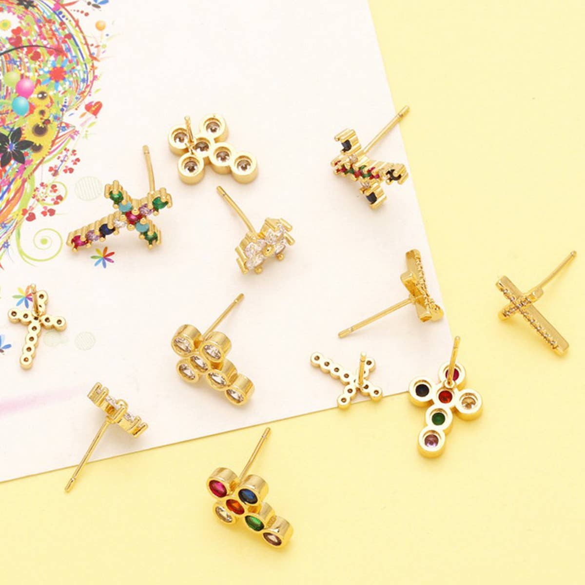 COLORED ZIRCON CROSS EARRINGS