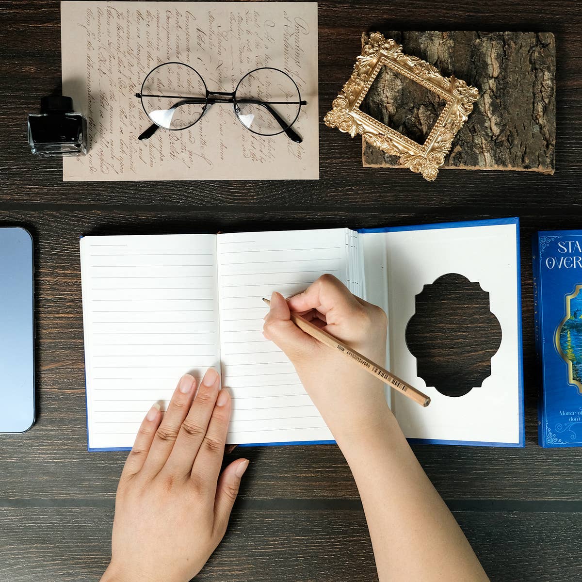 VINTAGE OIL PAINTING STAR AND MOON BLUE NOTEBOOK