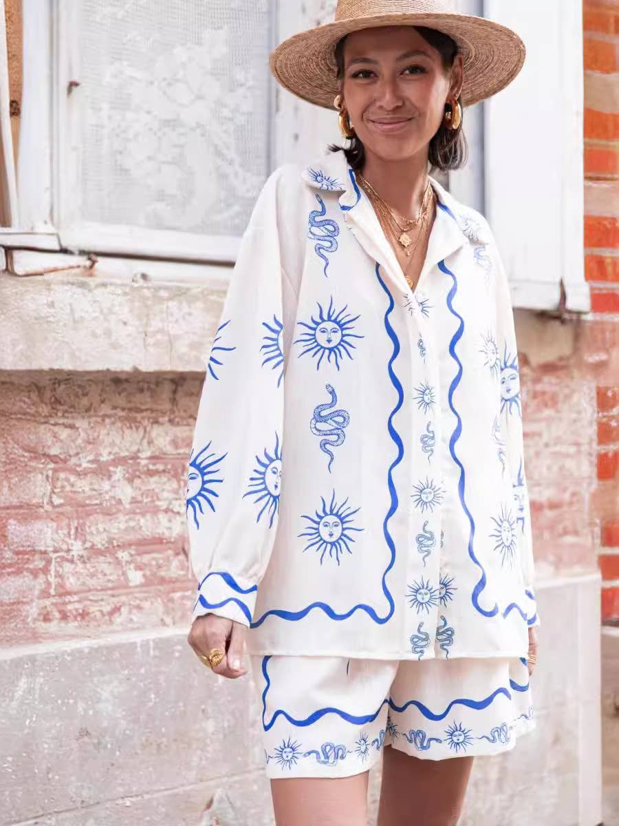 Fashion print casual cardigan shorts linen two-piece set