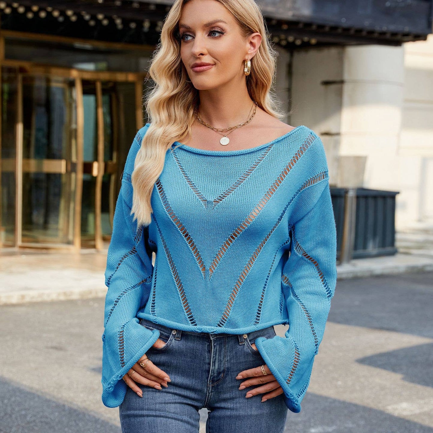 HOLLOW-OUT CREW-NECK LONG-SLEEVE PULLOVER SWEATER