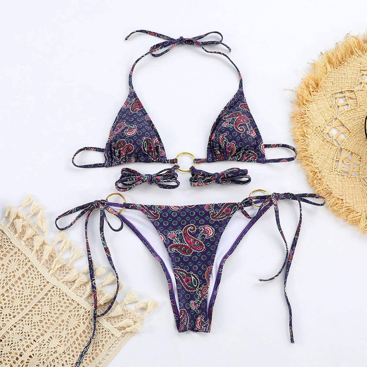Sexy Metal Ring Bikini - Cashew Print Swimwear
