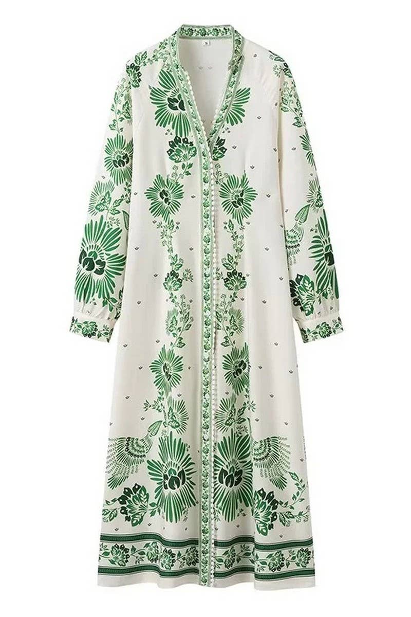 CWDMD4143_V-NECK LANTERN SLEEVE PRINTED LONG DRESS