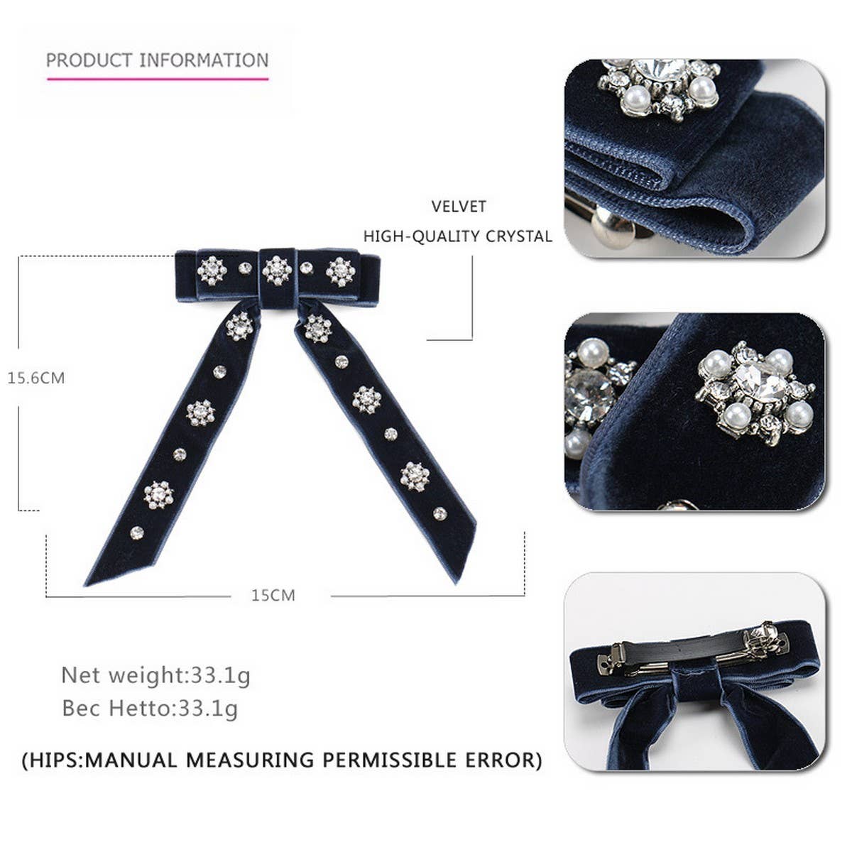 VELVET HAIRPIN FABRIC BOW RHINESTONE SPRING CLIP