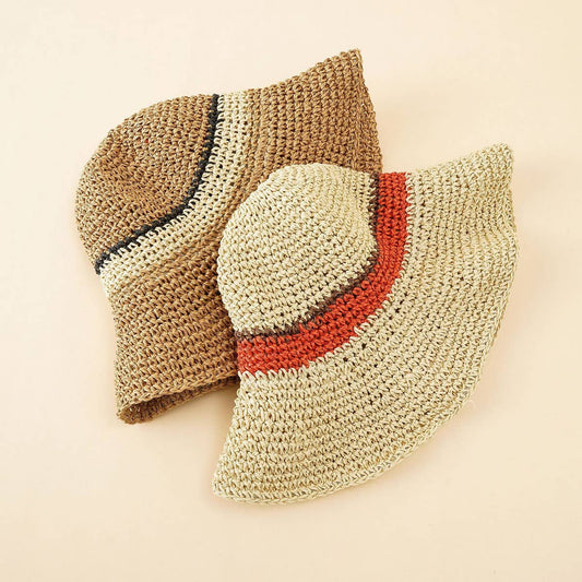 SUN PROTECTION STRIPED STRAW BUCKET HAT_CWAH1426
