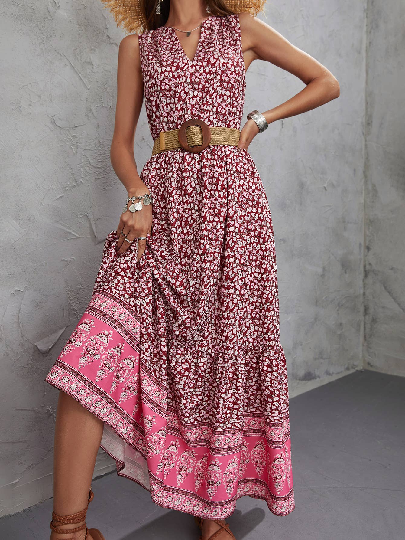 WOMEN'S PRINTED V-NECK SLEEVELESS BELT DRESS