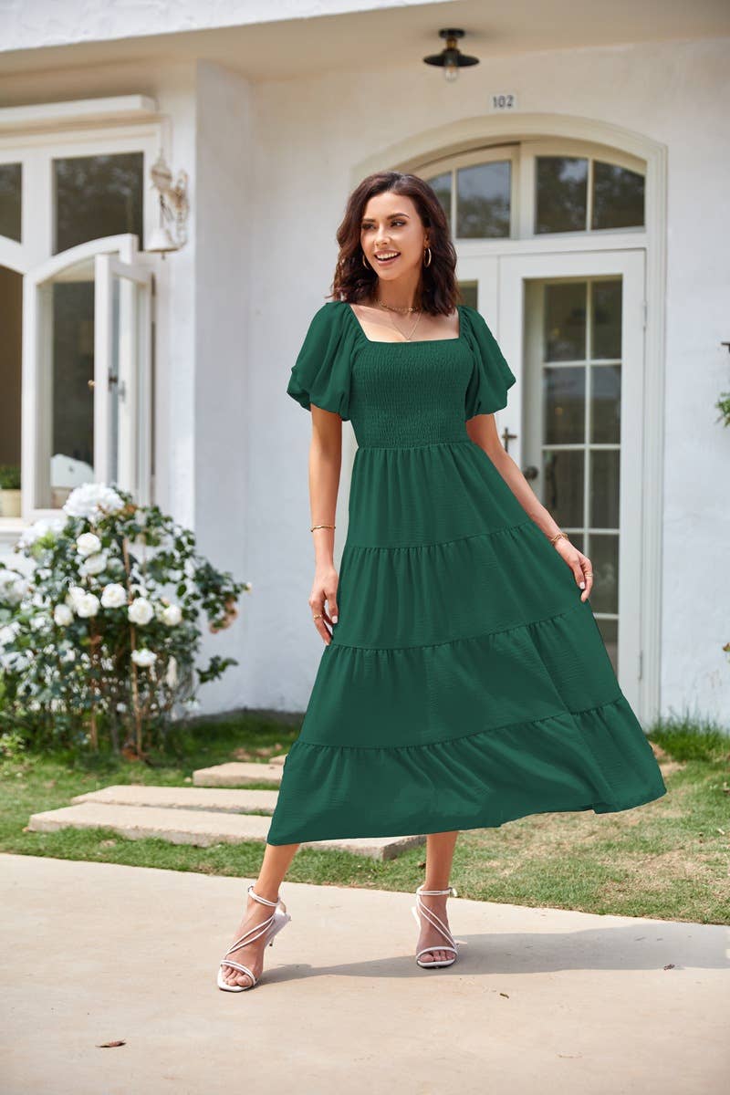 Square neck backless puffy sleeve pleated dress