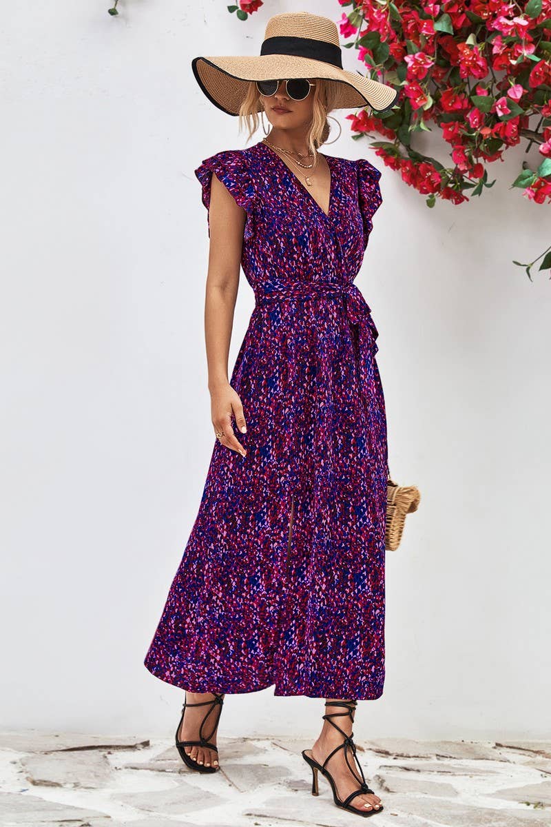WOMEN V NECK SPLIT PRINT DRESS_CWDSD2622