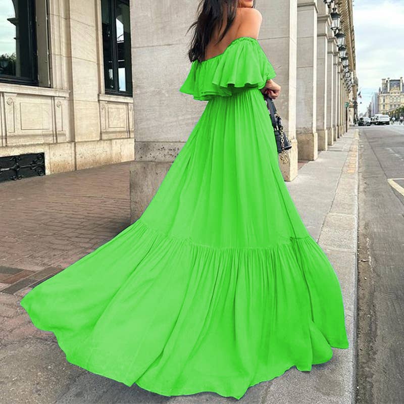 SOLID COLOR ONE-LINE SHOULDER-TOP LONG DRESS