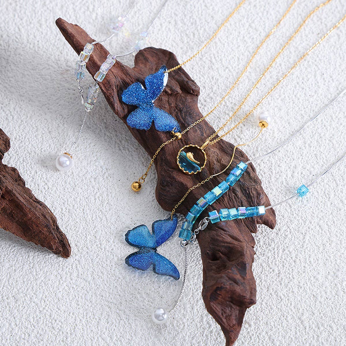 BLUE BUTTERFLY TITANIUM STEEL NECKLACE EARRINGS_CWAJE1085