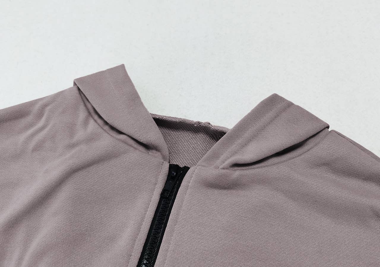 SOLID COLOR HIGH-WAISTED HOODED ZIP-UP CARDIGAN