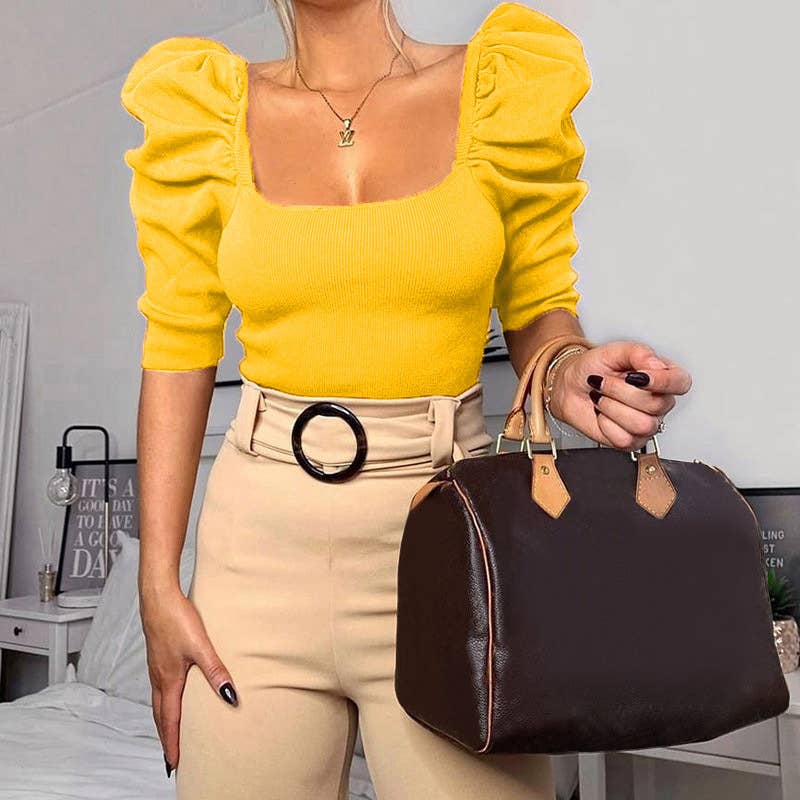 Simple square-neck puffed sleeve short-sleeve top
